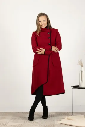 Raspberry Boiled Wool Coat with Pockets