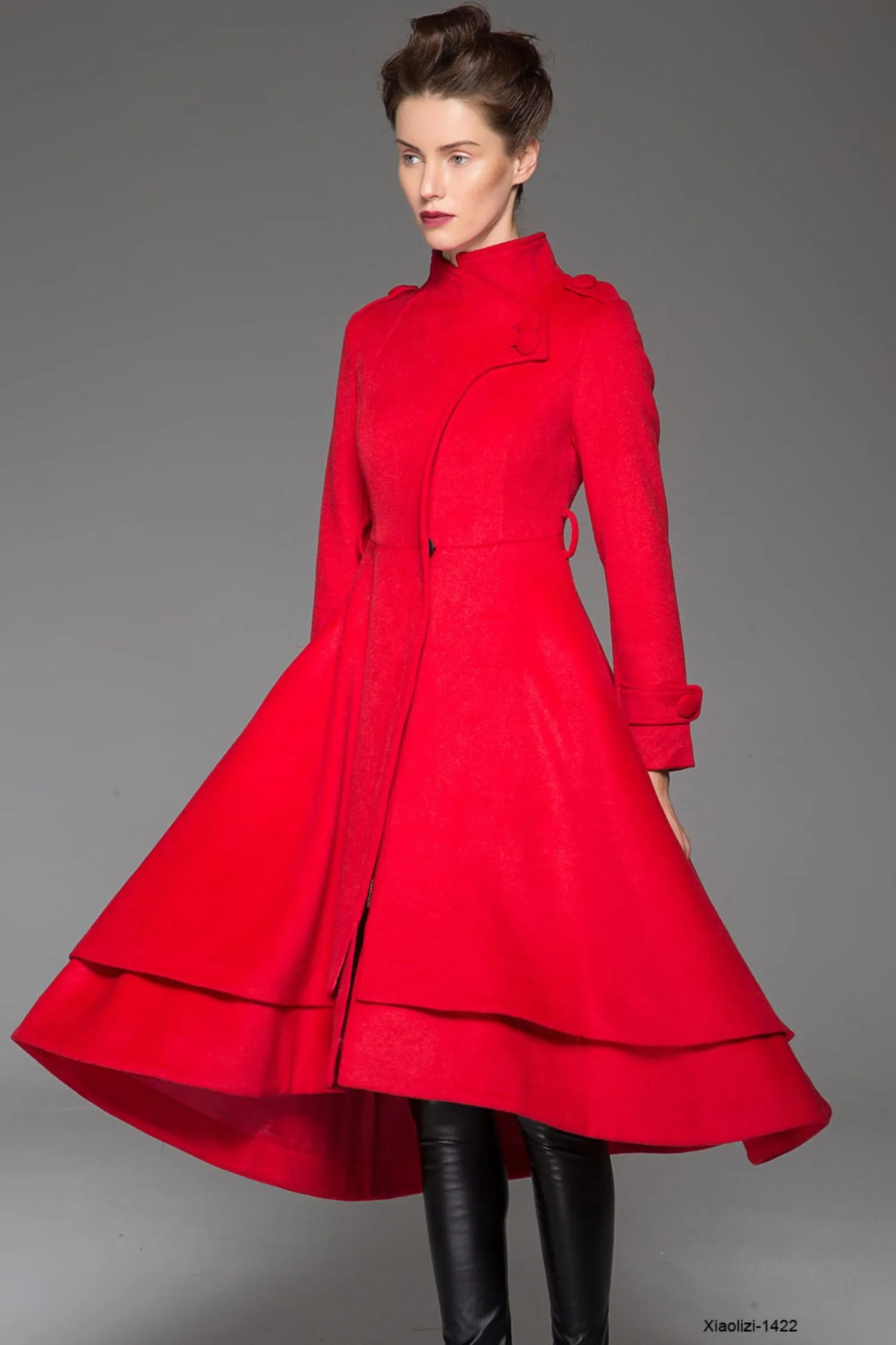 Red wool coat maxi women coat winter coat 1422#