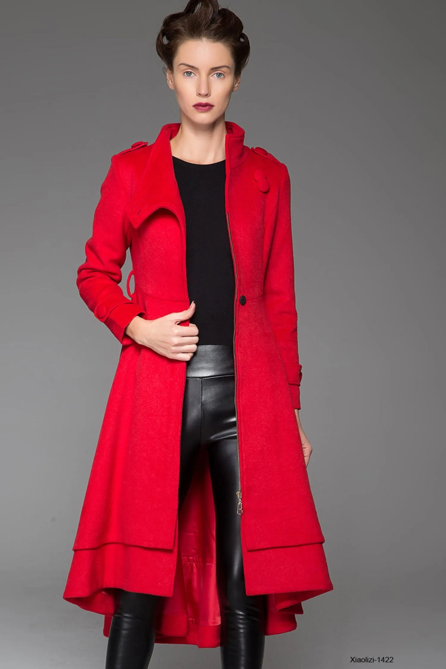 Red wool coat maxi women coat winter coat 1422#