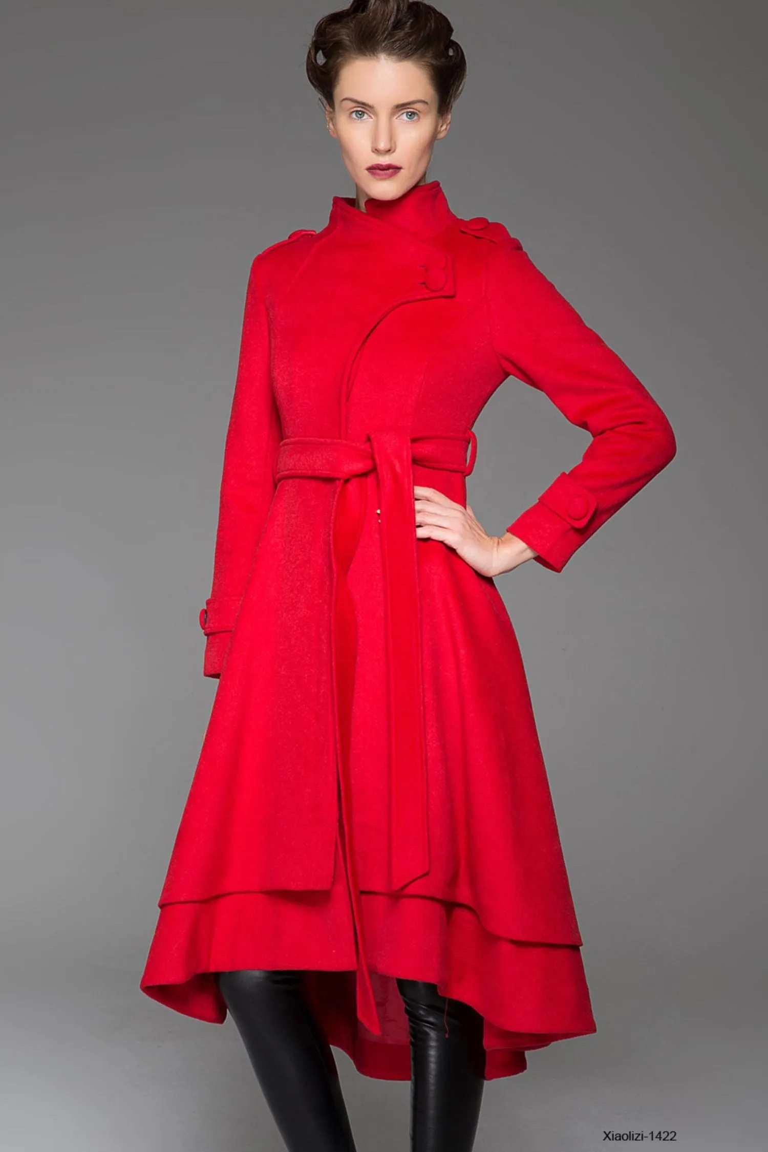 Red wool coat maxi women coat winter coat 1422#