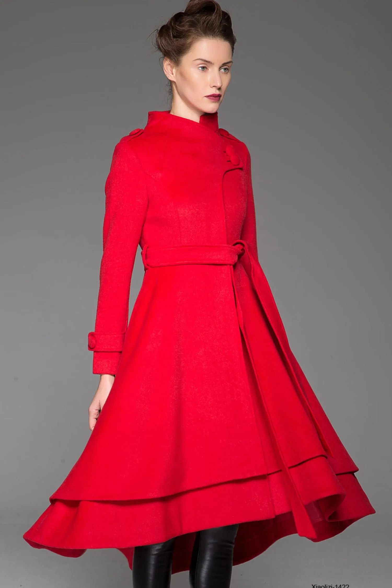 Red wool coat maxi women coat winter coat 1422#