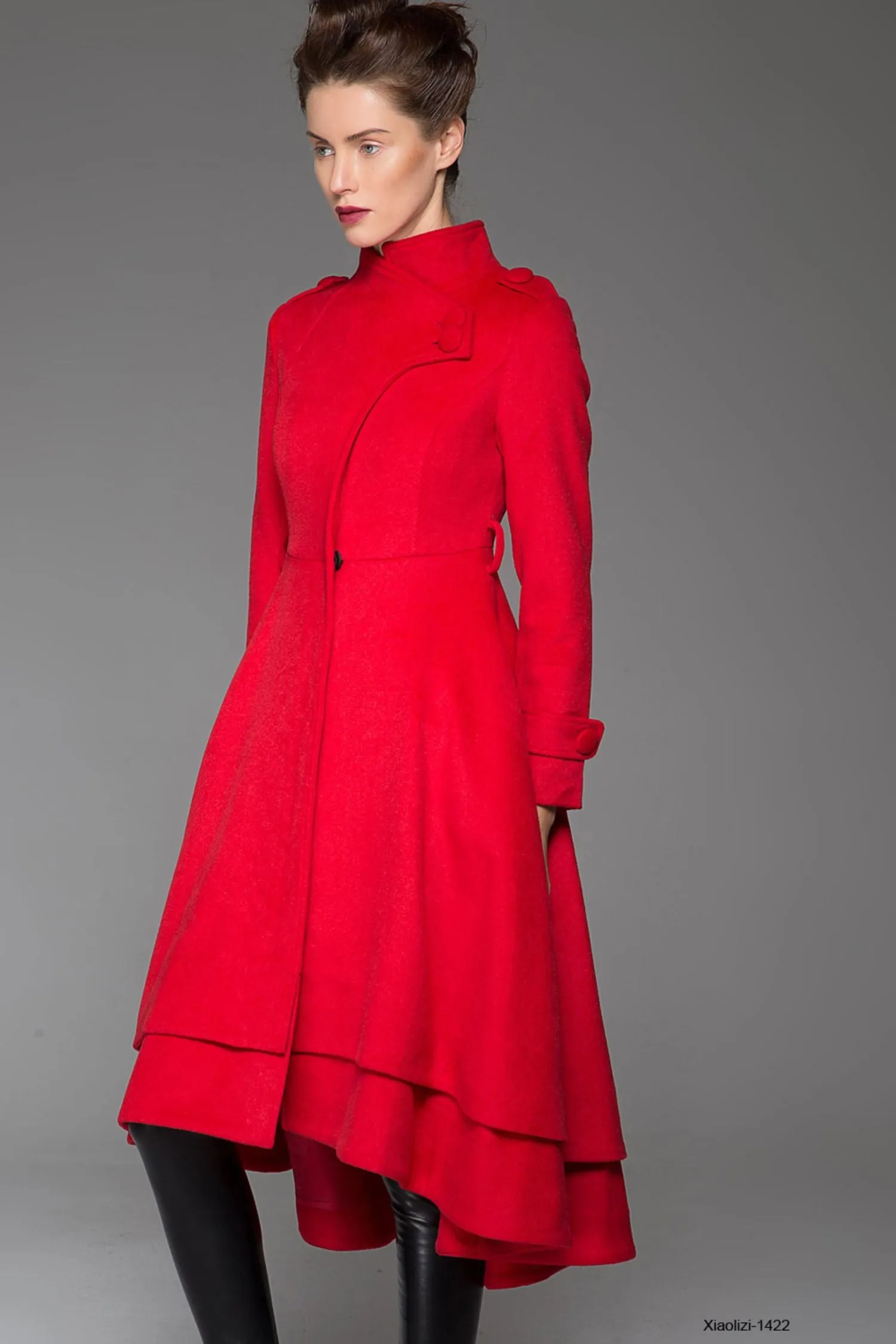 Red wool coat maxi women coat winter coat 1422#