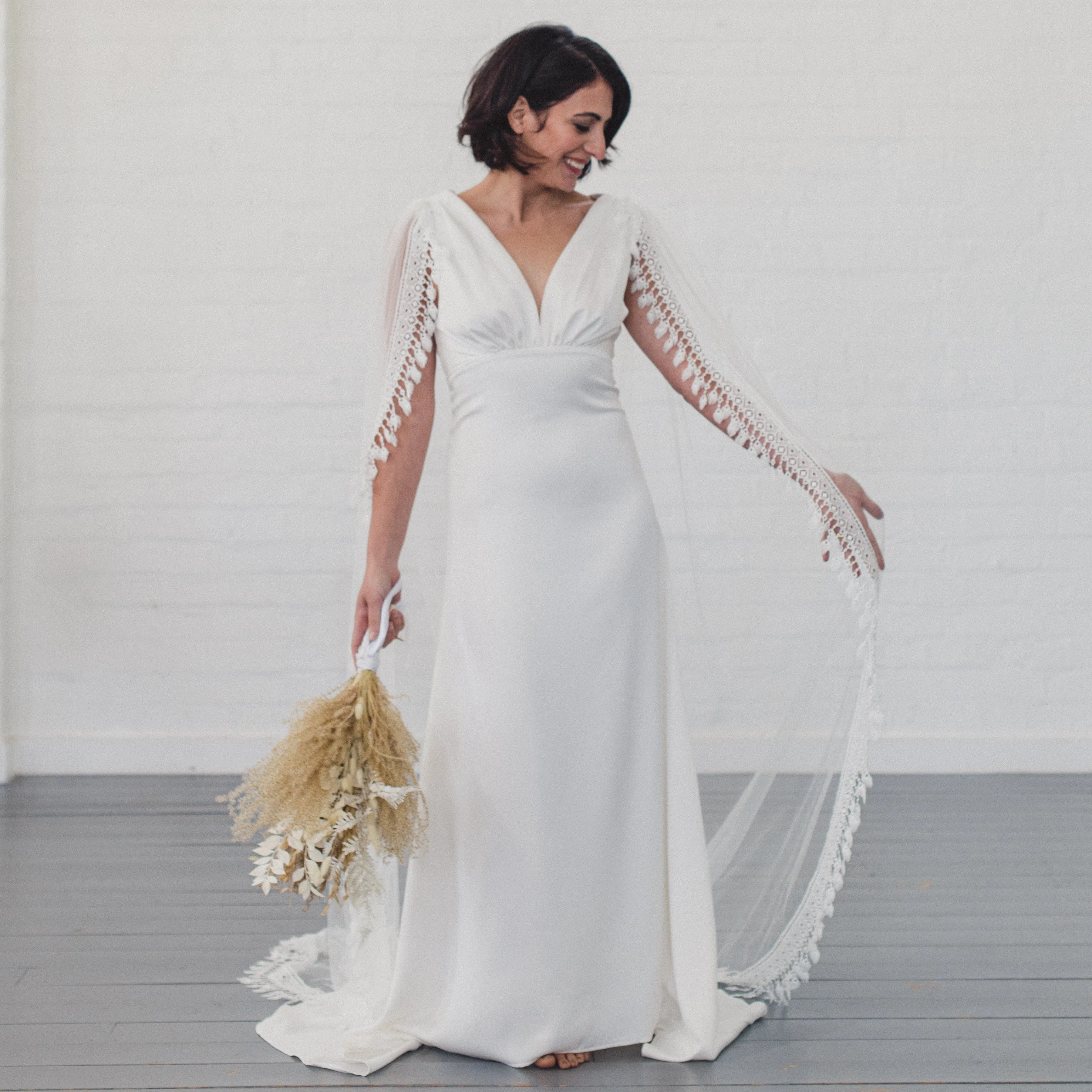 RIVER | Soft draped bridal cape with tassel edge