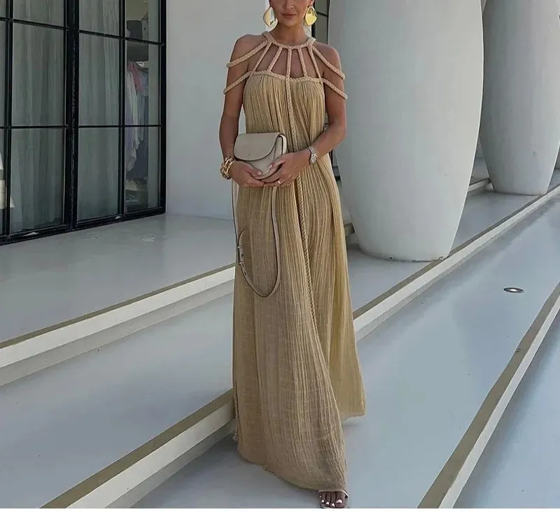 Sexy Khaki Backless Strappy Maxi Dress