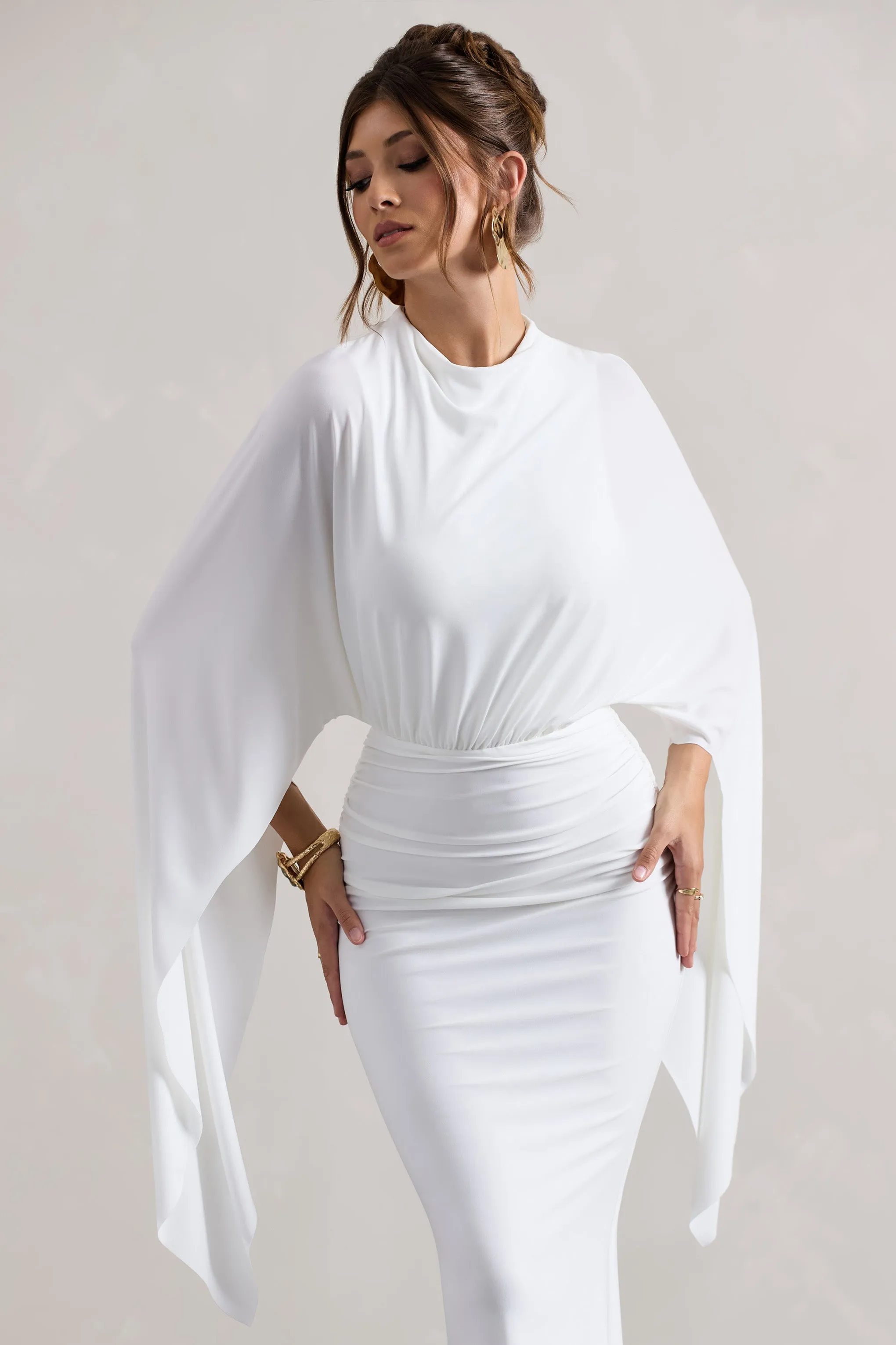 Shea | White High-Neck Cape Sleeve Maxi Dress