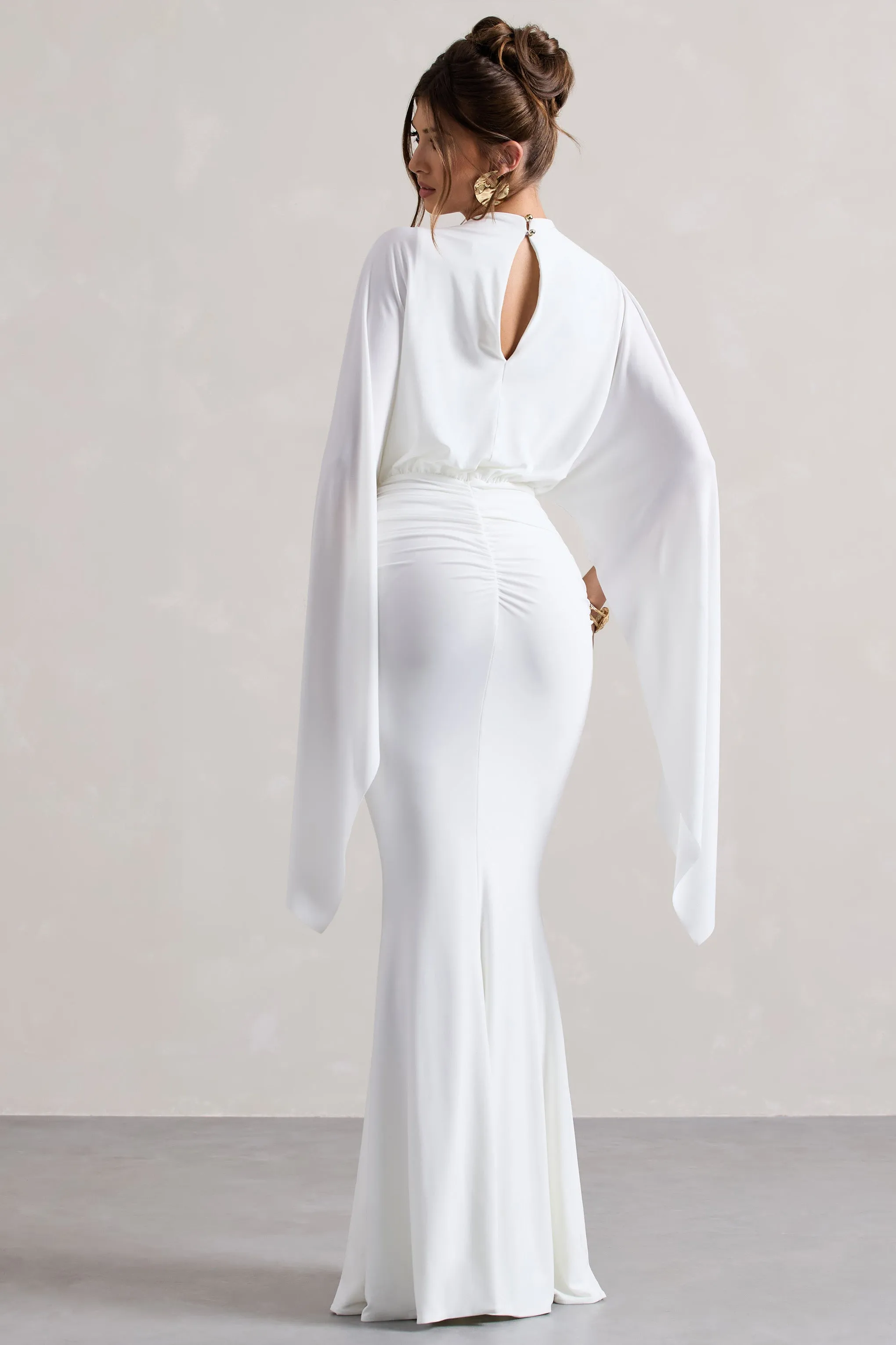 Shea | White High-Neck Cape Sleeve Maxi Dress