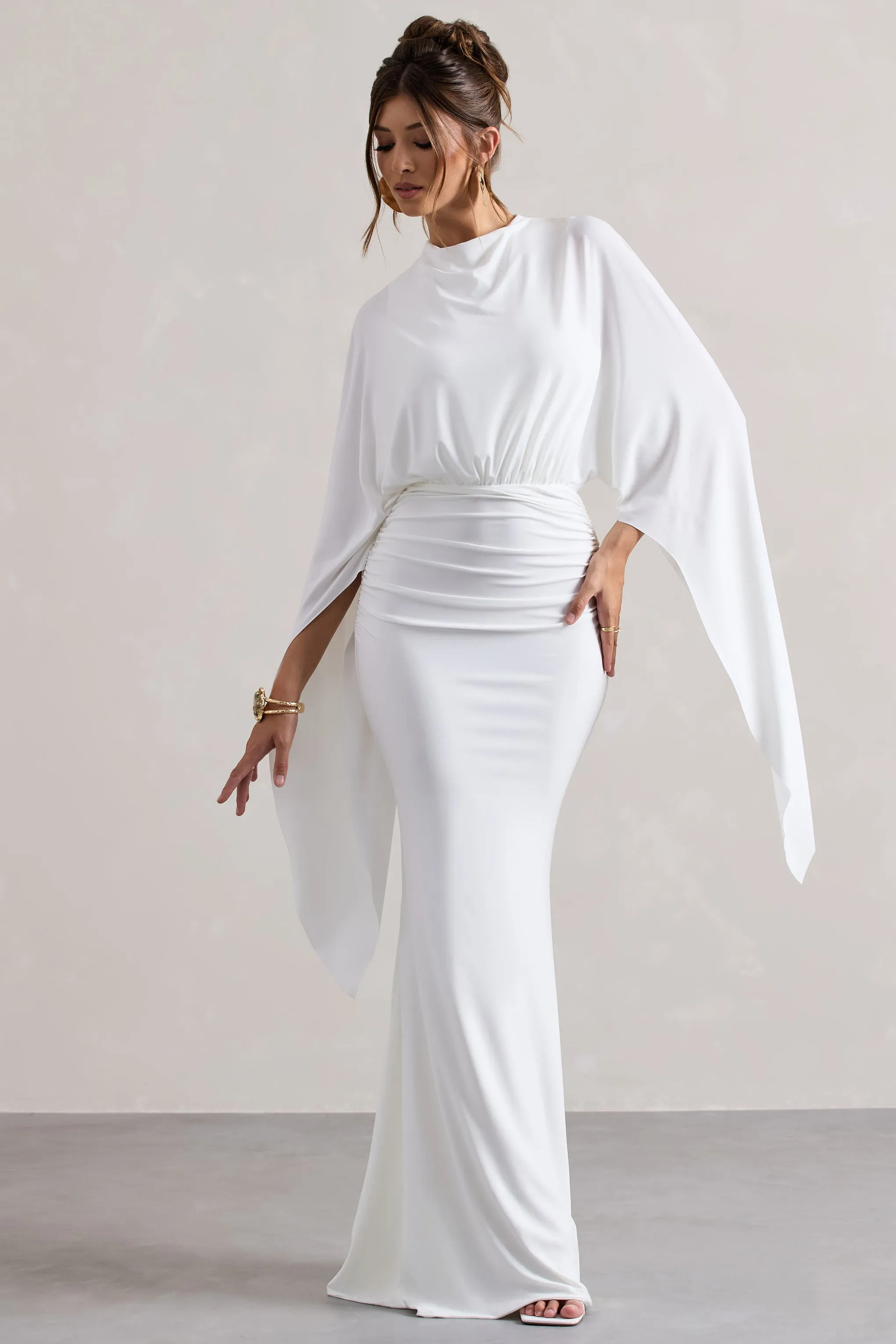 Shea | White High-Neck Cape Sleeve Maxi Dress