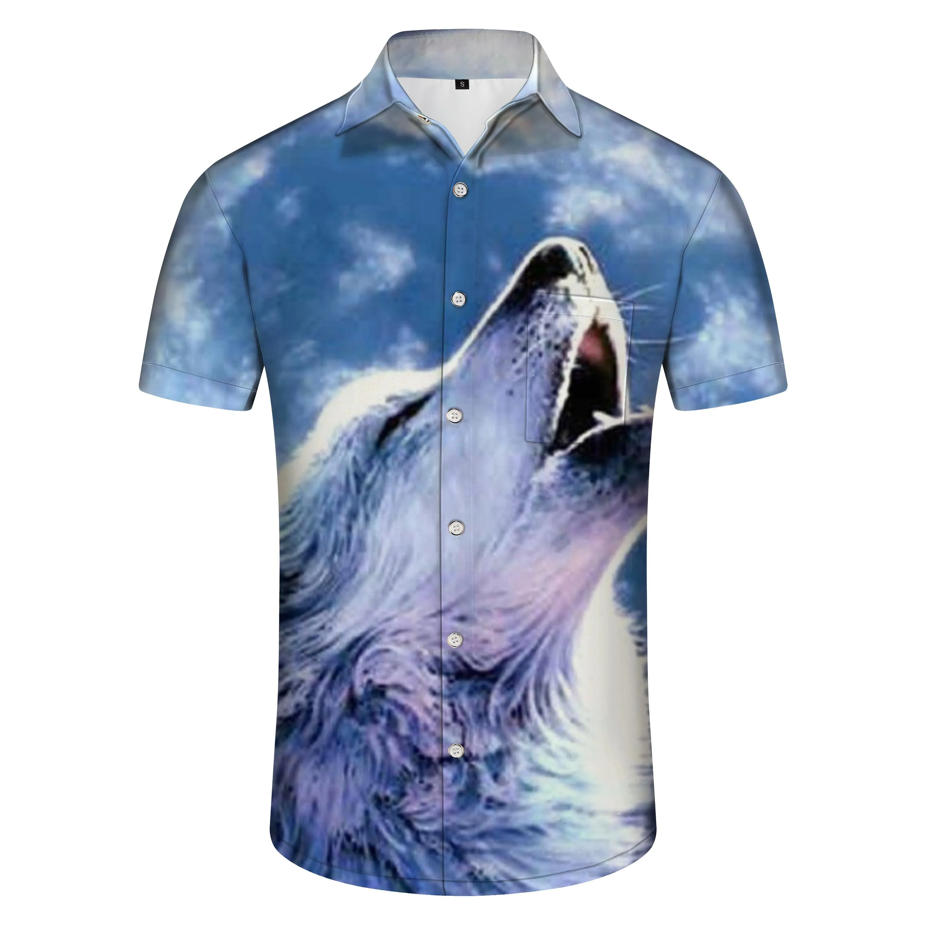 Silver Grey Animal Fur Wolf Head Tropical Ocean Hawaiian Button Shirt Short Sleeve Men's Casual Print Pattern Summer Sky Colors