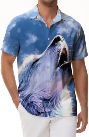 Silver Grey Animal Fur Wolf Head Tropical Ocean Hawaiian Button Shirt Short Sleeve Men's Casual Print Pattern Summer Sky Colors