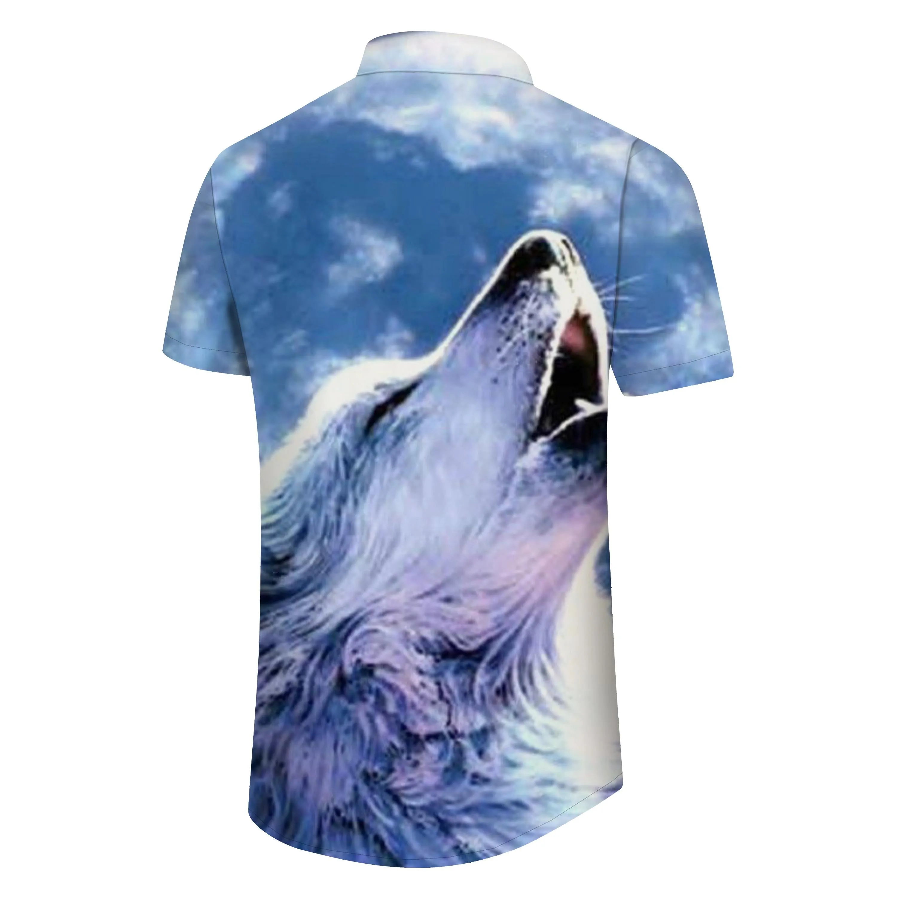 Silver Grey Animal Fur Wolf Head Tropical Ocean Hawaiian Button Shirt Short Sleeve Men's Casual Print Pattern Summer Sky Colors