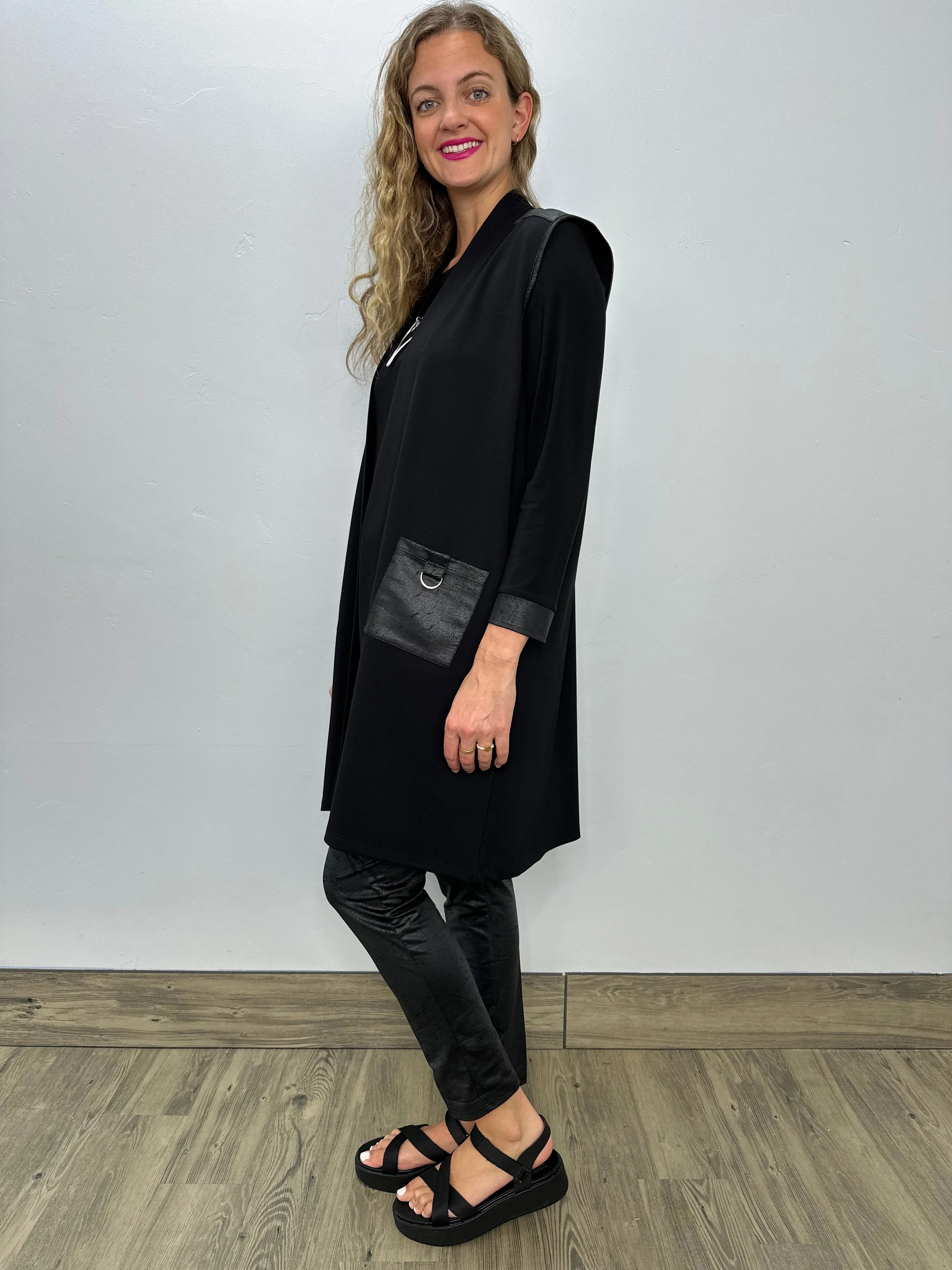 Sleeveless Long Black Vest with Faux Leatherette Accents