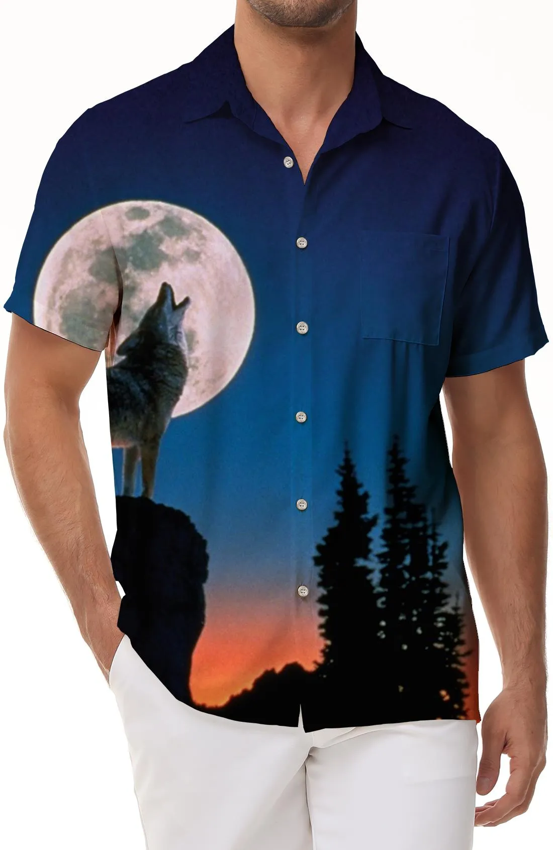 Sly Wolf All Seasons 3D Printed Graphic Casual Hawaiian Button Lapel Men's Shirt Short Sleeve