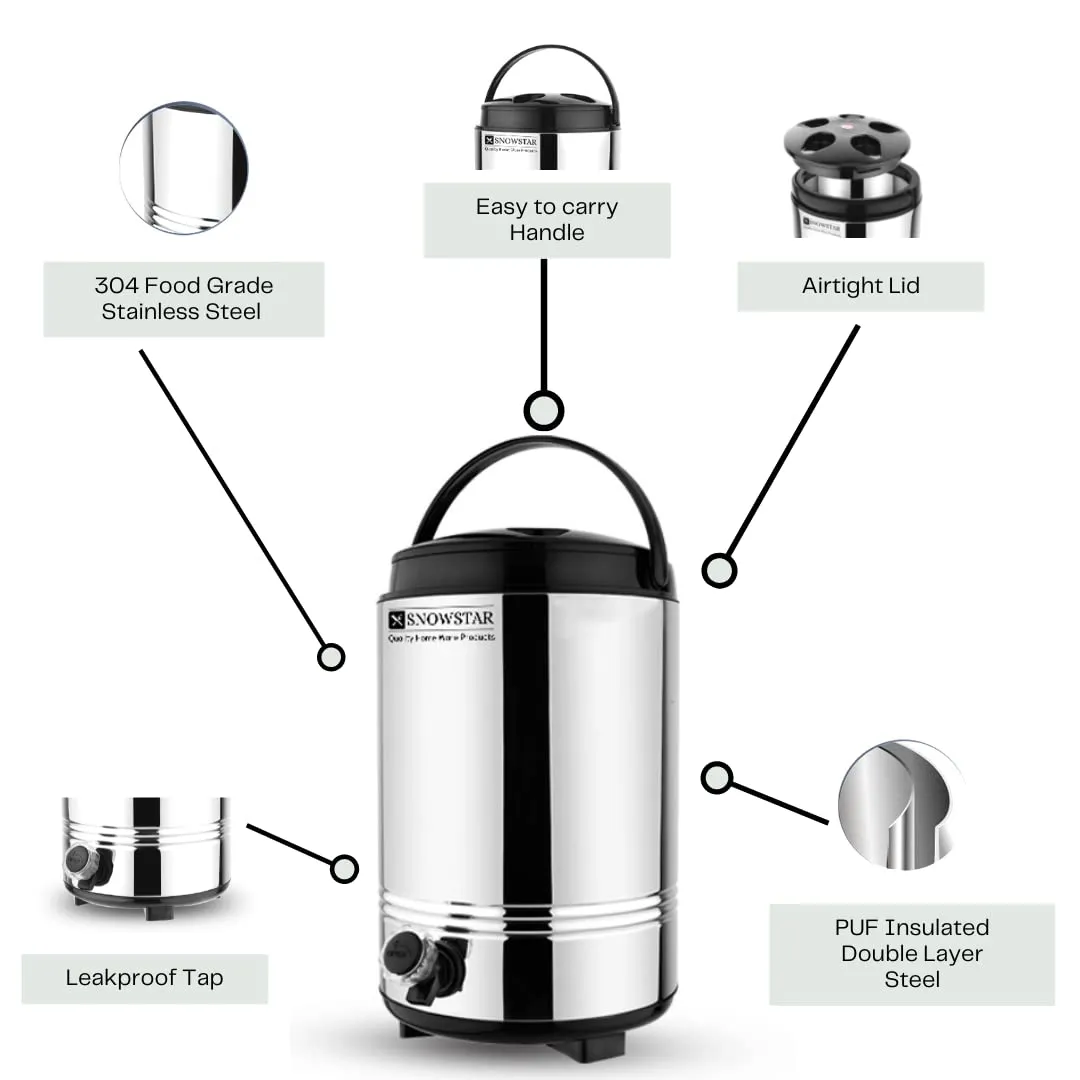 Snowstar Steel Water Jug 10 Liters, Silver - PUF Insulated Hot and Cold Water Dispenser for Office Home Kitchen - Double Walled Vaccum Thermos for Hot Tea/Coffee/Water - Highly Durable