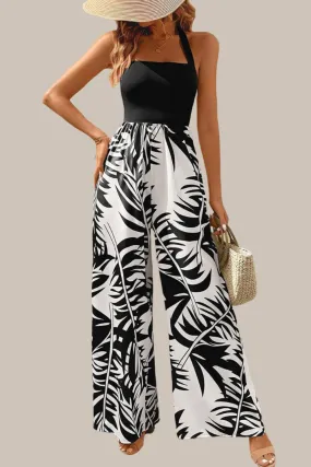 Square Neck Black & White Jumpsuit with Tropical Plant Print