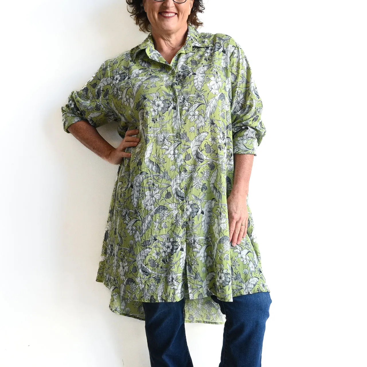 Stepping Out Long Cotton Shirt - Botanical