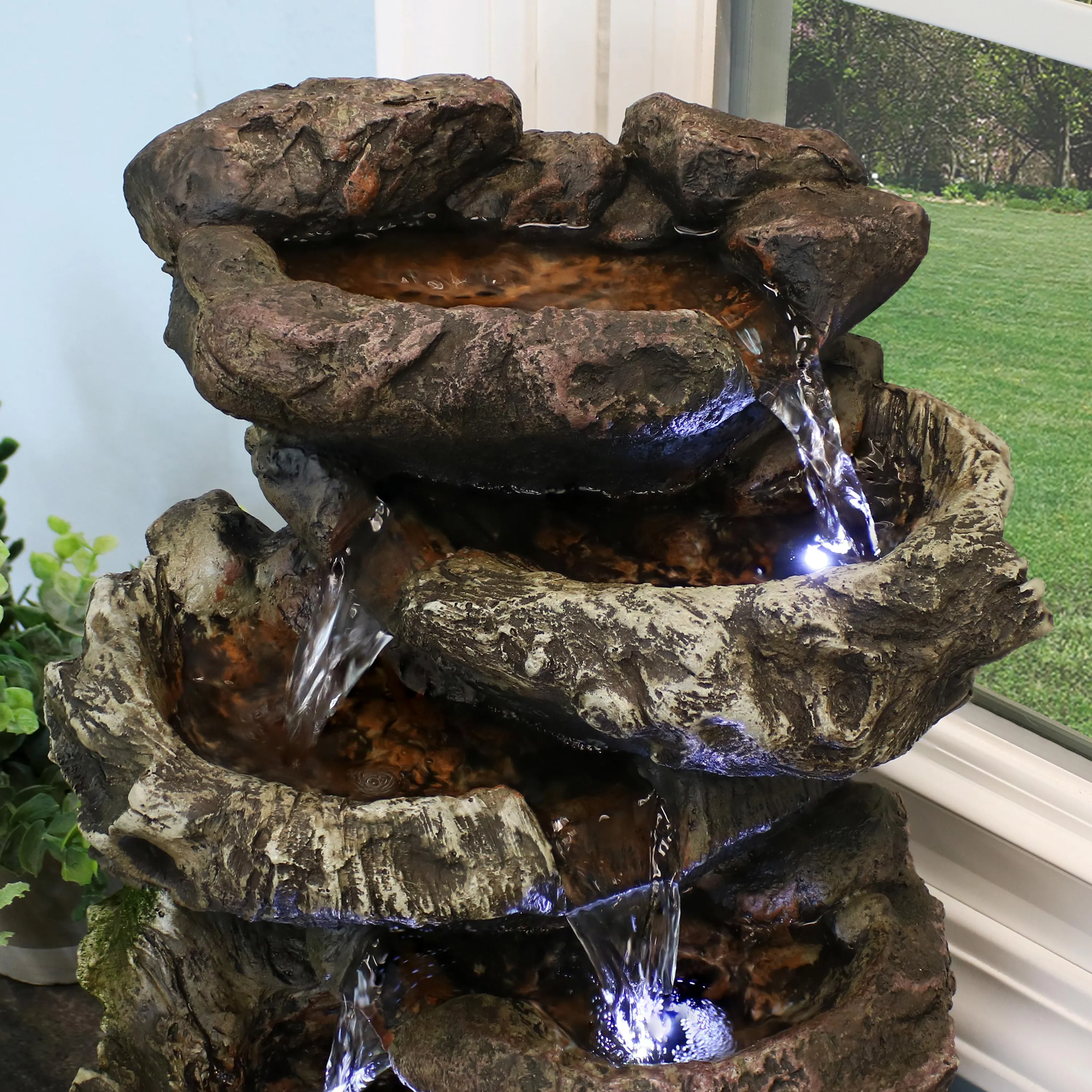 Sunnydaze 5-Step Rock Falls Tabletop Water Fountain with LED Lights - 14"