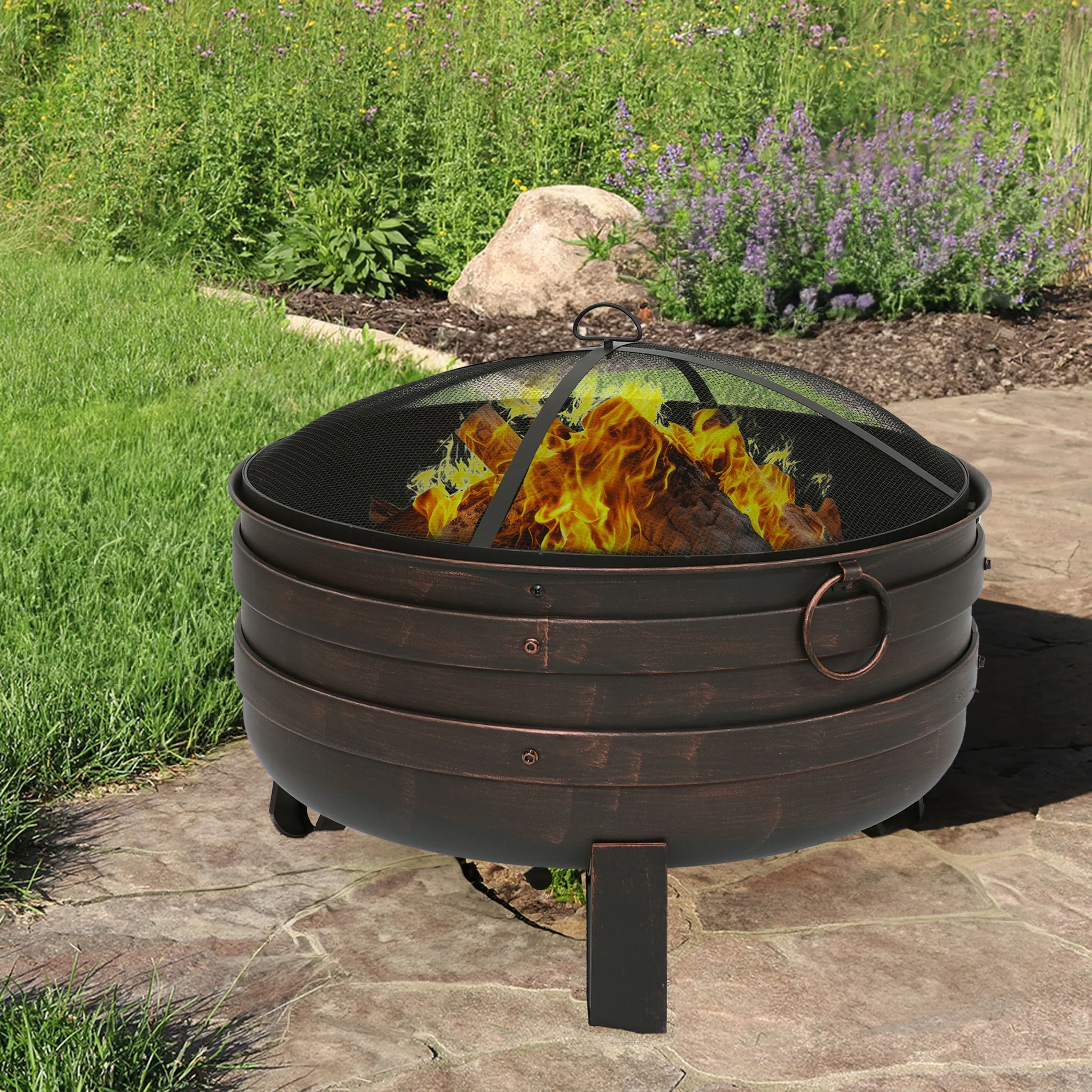 Sunnydaze Bronze Cauldron Fire Pit with Cover and Spark Screen - 28.5"