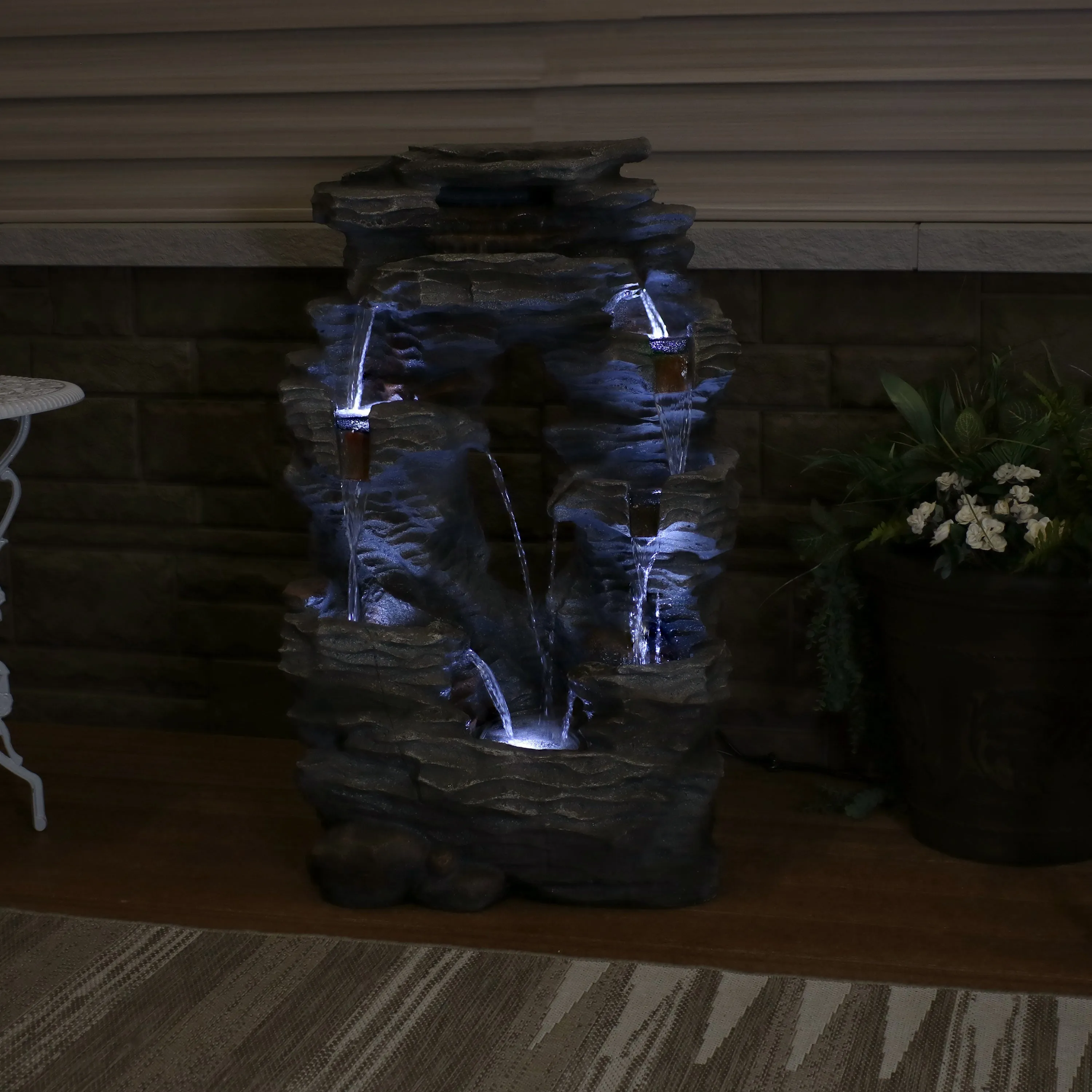 Sunnydaze Dual Cascading Rock Falls Water Fountain with LED Lights and Electric Submersible Pump - 39"