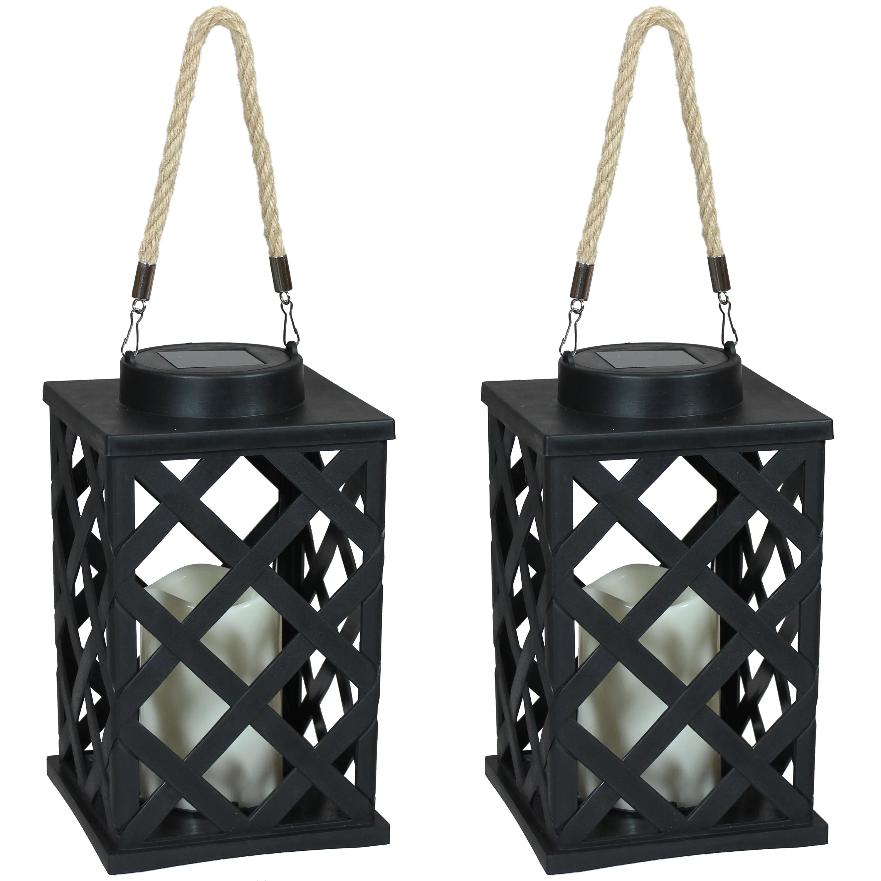 Sunnydaze Modern Crosshatch Outdoor Solar Decorative Candle Lantern