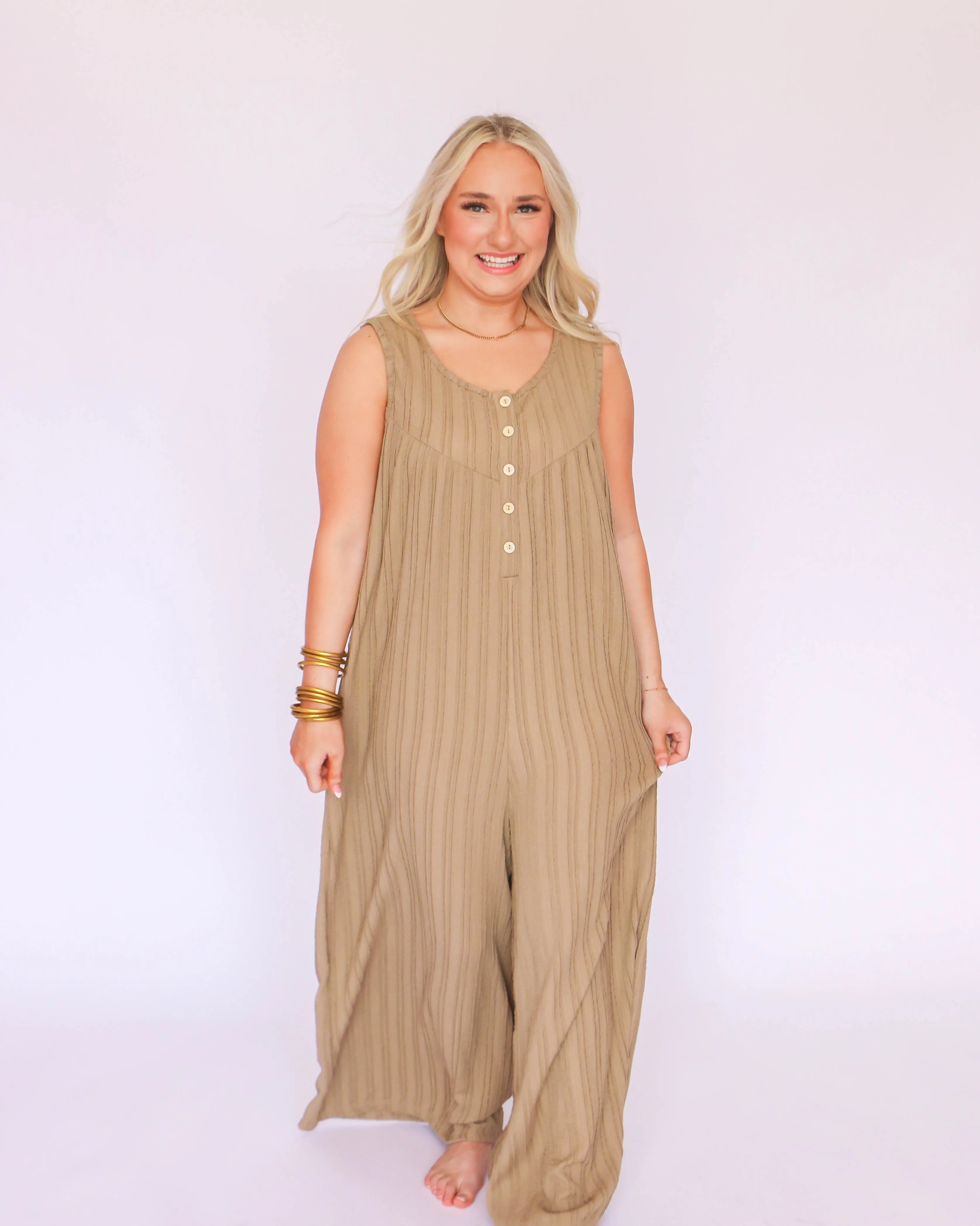 Textured Knit Fabric Sleeveless Wide Leg Jumpsuit in Latte