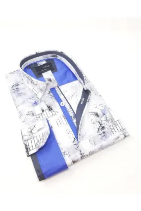 White Button Down Shirt W/ Blue Branches Design