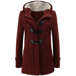 Women Elegant Solid Color Buckle Closure Full Sleeve Hood Coat - WCT29026