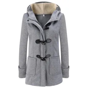 Women Elegant Solid Color Buckle Closure Full Sleeve Hood Coat - WCT29026