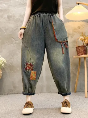 Women Retro Patch Embroidery Denim Harem Pants QW1026