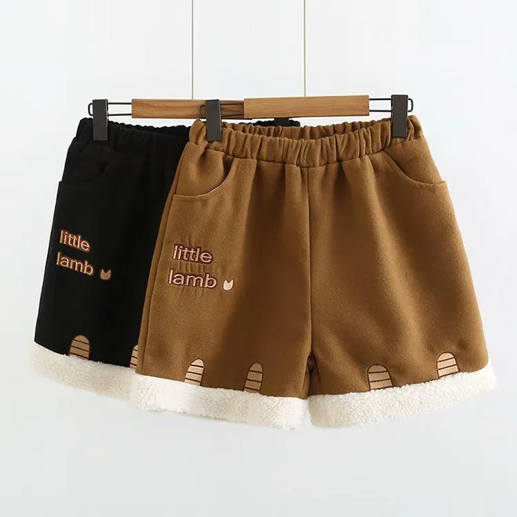 Women's Casual Little Lamb Embroidered Wool-like Winter Shorts