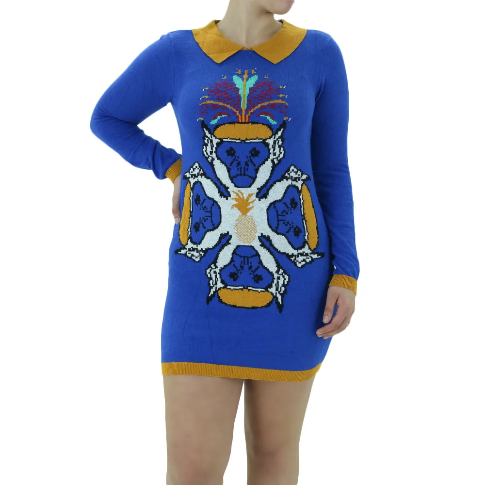 Women's Graphic Print Casual Dress,Indigo/Mustard