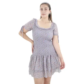 Women's Smocked Floral Ruffle Hem Dress,Grey