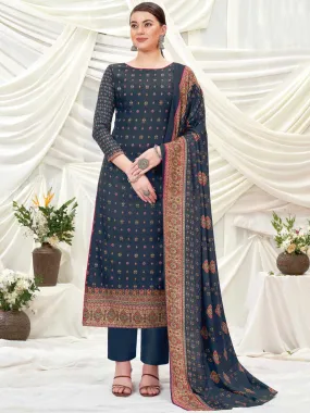 Wool Pashmina Dark Grey Printed Unstitched Suit Set