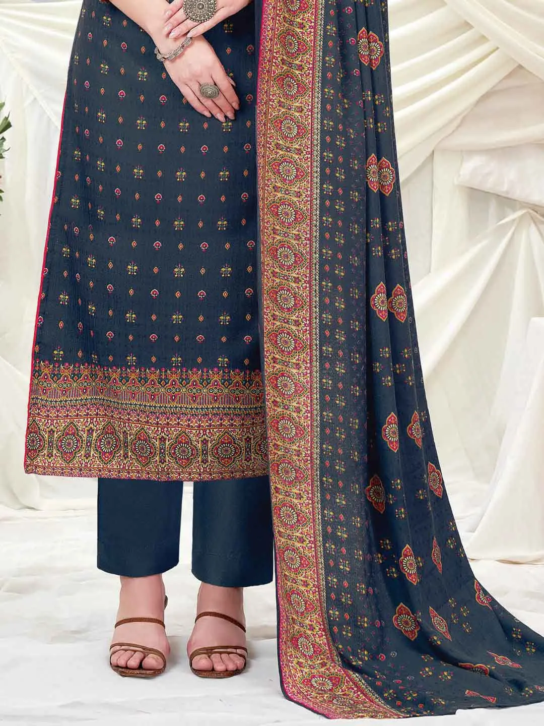 Wool Pashmina Dark Grey Printed Unstitched Suit Set