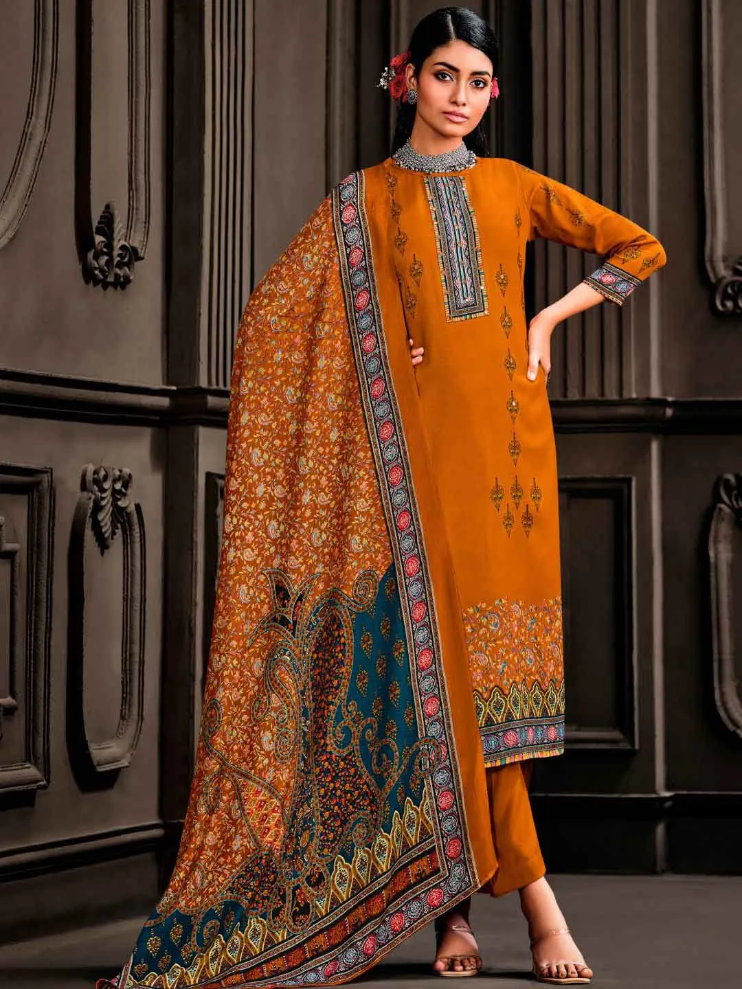 Wool Pashmina Mustard Unstitched Winter Ladies Suits Set