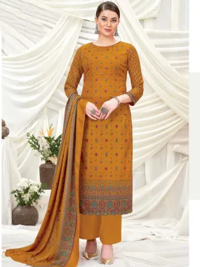 Wool Pashmina Mustard Yellow Printed Unstitched Suit Set