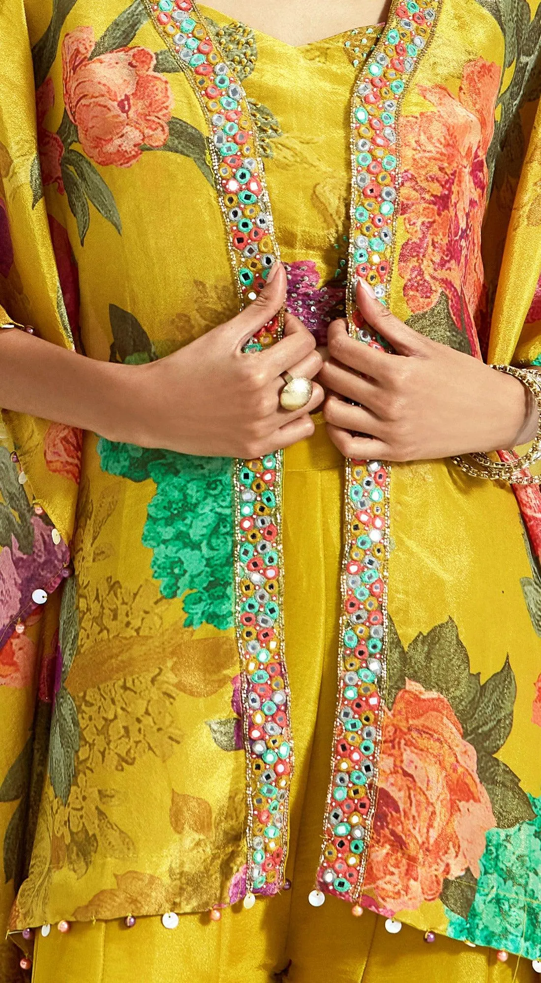 Yellow Printed Cape & Sharara Set