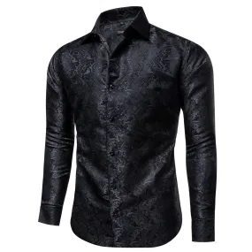 YourTies Black Long Sleeve Shirt Jacquard Floral Men's Dress Shirt